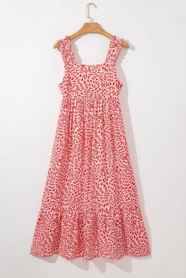 Midi Dresses | Women Pink Geometric Print Knot Back Sleeveless Ruffle Hem Dress - Image 2