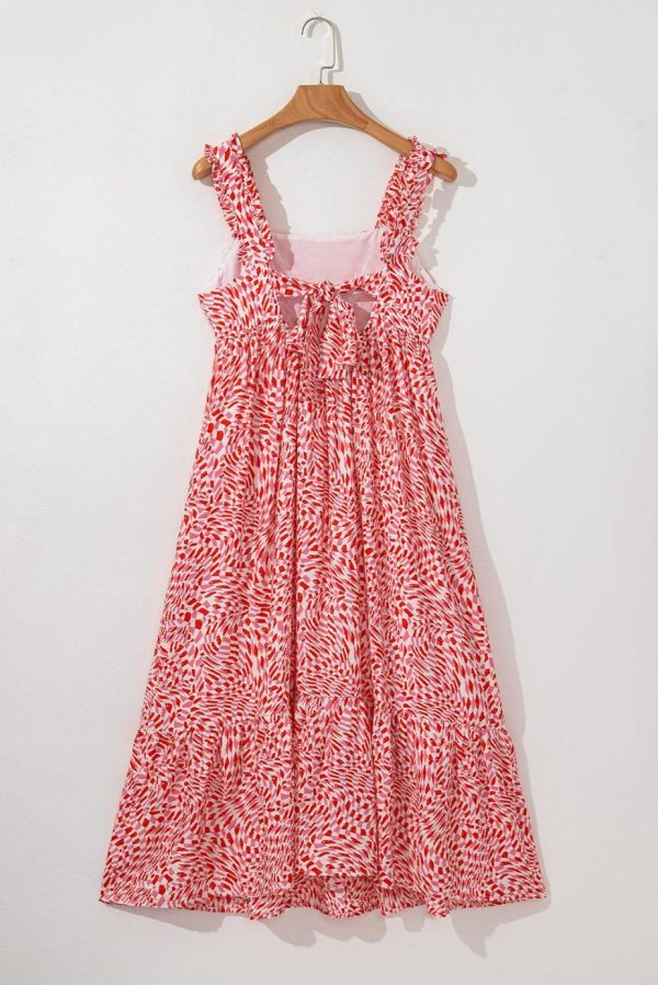 Midi Dresses | Women Pink Geometric Print Knot Back Sleeveless Ruffle Hem Dress - Image 3