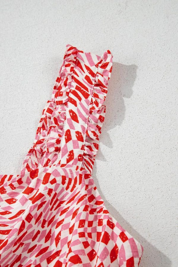 Midi Dresses | Women Pink Geometric Print Knot Back Sleeveless Ruffle Hem Dress - Image 5