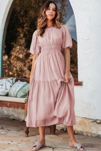Midi Dresses | Women Pink Puff Sleeve High Waist Flowy Midi Dress