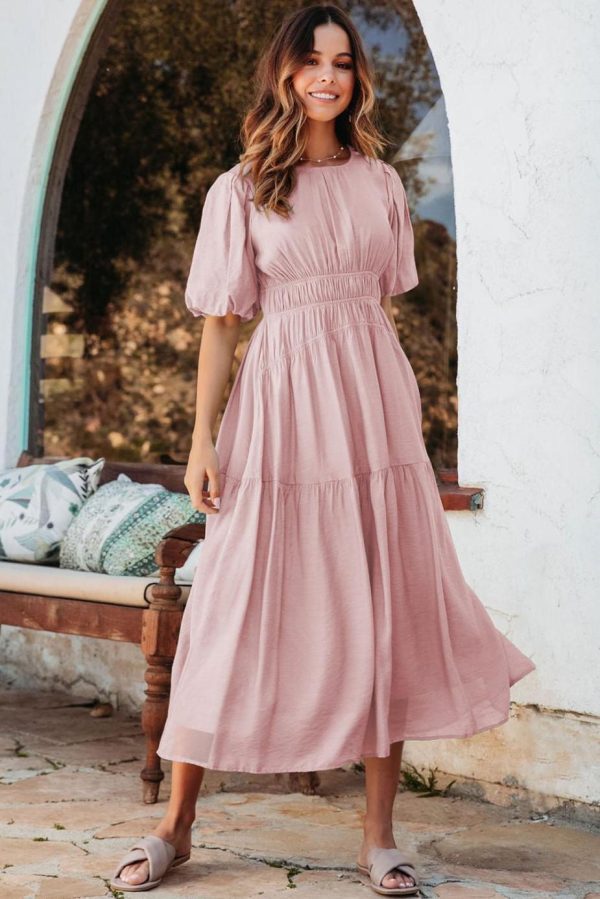 Midi Dresses | Women Pink Puff Sleeve High Waist Flowy Midi Dress - Image 2