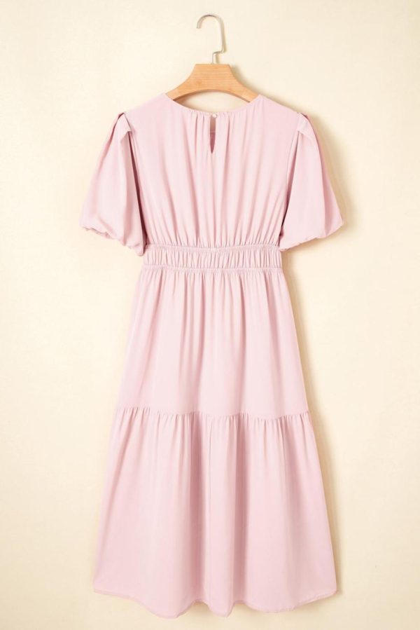 Midi Dresses | Women Pink Puff Sleeve High Waist Flowy Midi Dress - Image 4
