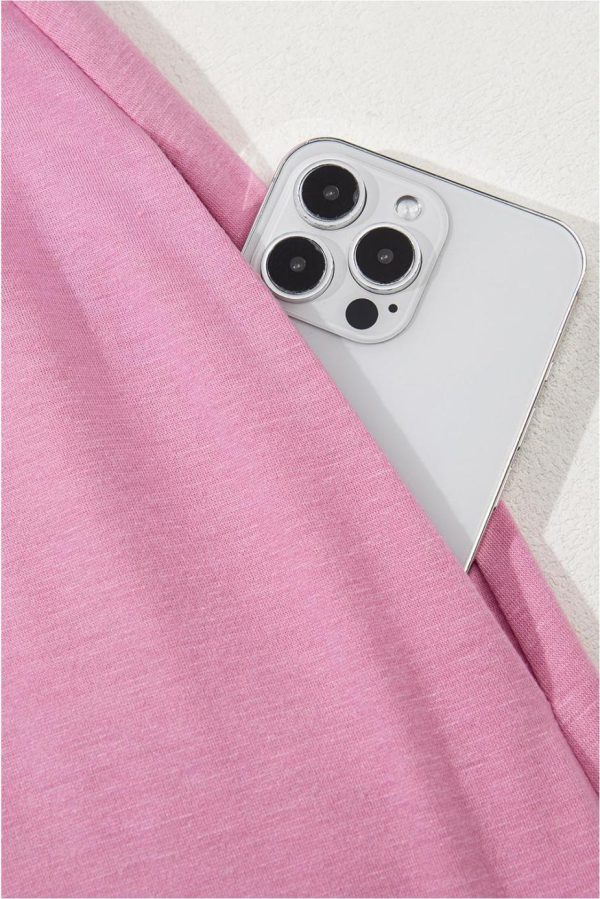 Midi Dresses | Women Pink Solid Color Short Sleeve High Waist Pocketed Midi Dress - Image 3