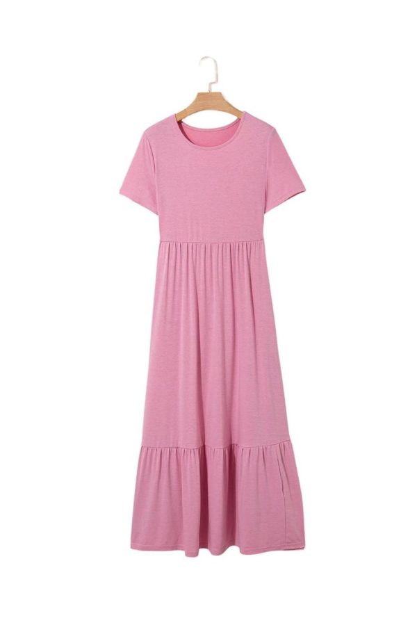 Midi Dresses | Women Pink Solid Color Short Sleeve High Waist Pocketed Midi Dress - Image 6