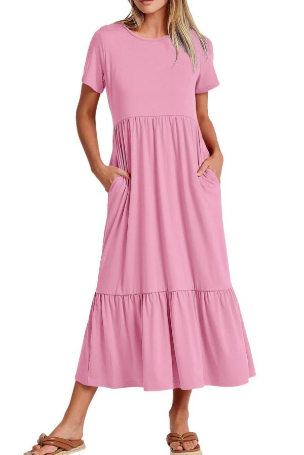 Midi Dresses | Women Pink Solid Color Short Sleeve High Waist Pocketed Midi Dress - Image 7