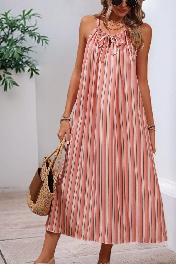 Midi Dresses | Women Pink Striped Bowknot Flowy Midi Dress