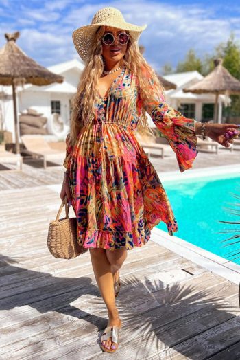 Midi Dresses | Women Pink Tropical Print Flared Sleeve Ruffle Hem High Waist Flowy Dress