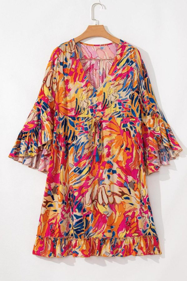 Midi Dresses | Women Pink Tropical Print Flared Sleeve Ruffle Hem High Waist Flowy Dress - Image 2