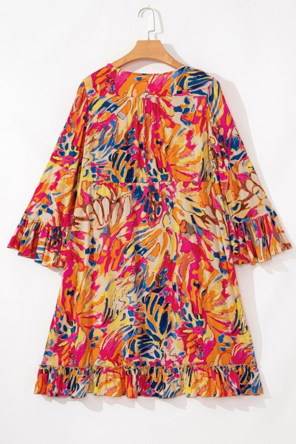 Midi Dresses | Women Pink Tropical Print Flared Sleeve Ruffle Hem High Waist Flowy Dress - Image 3