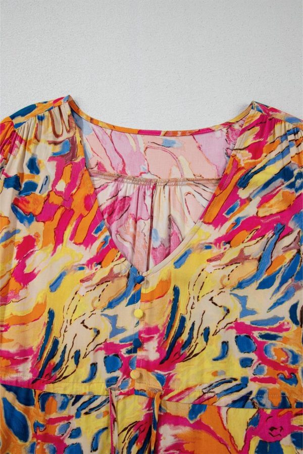 Midi Dresses | Women Pink Tropical Print Flared Sleeve Ruffle Hem High Waist Flowy Dress - Image 4