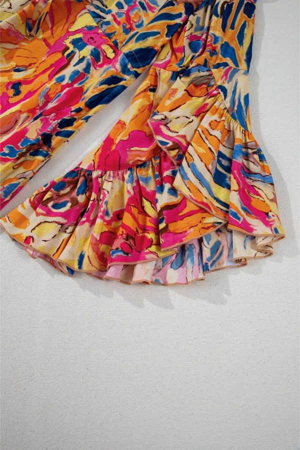 Midi Dresses | Women Pink Tropical Print Flared Sleeve Ruffle Hem High Waist Flowy Dress - Image 6