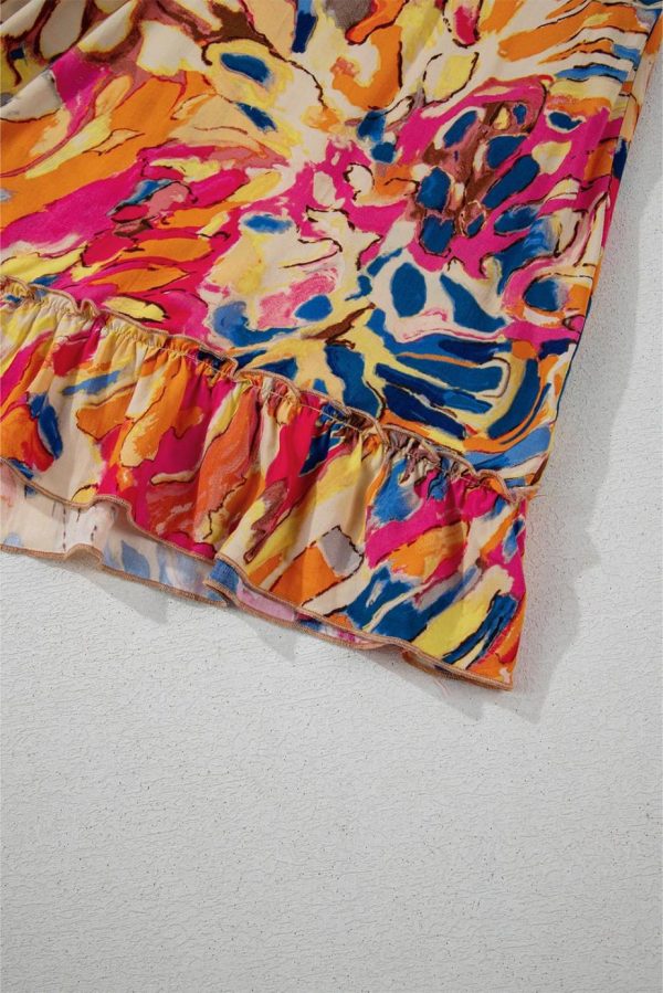 Midi Dresses | Women Pink Tropical Print Flared Sleeve Ruffle Hem High Waist Flowy Dress - Image 7
