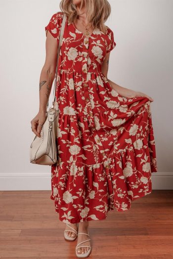 Midi Dresses | Women Red Floral Print Buttoned Front V Neck Tiered Midi Dress
