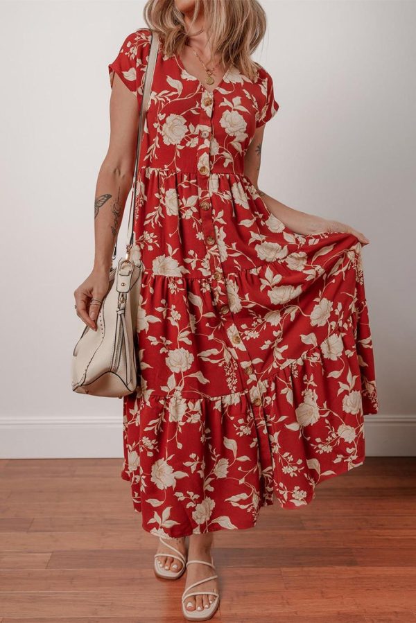 Midi Dresses | Women Red Floral Print Buttoned Front V Neck Tiered Midi Dress