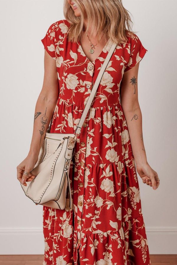 Midi Dresses | Women Red Floral Print Buttoned Front V Neck Tiered Midi Dress - Image 2