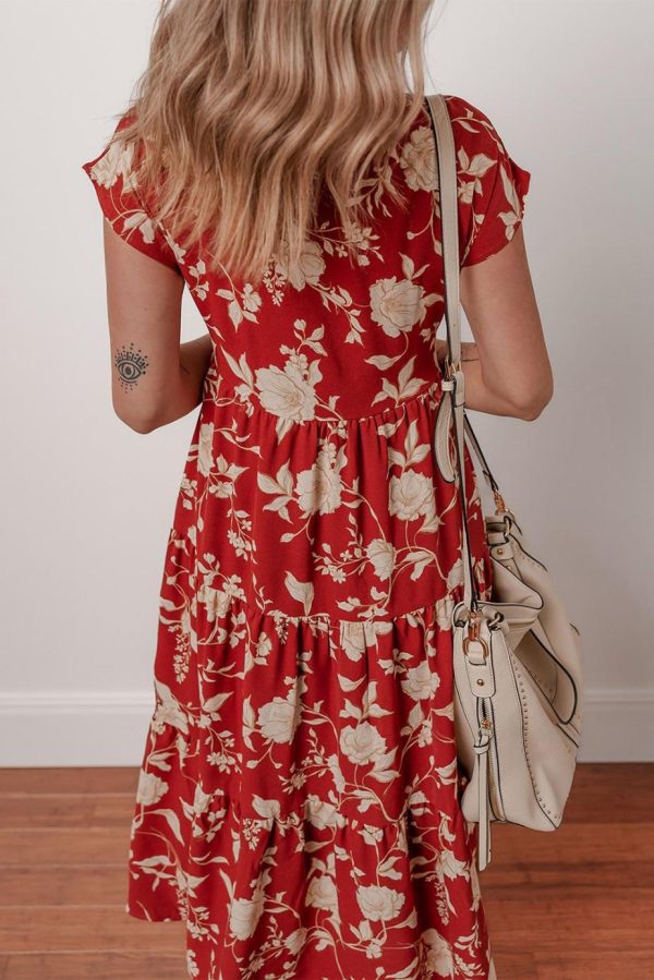Midi Dresses | Women Red Floral Print Buttoned Front V Neck Tiered Midi Dress - Image 3