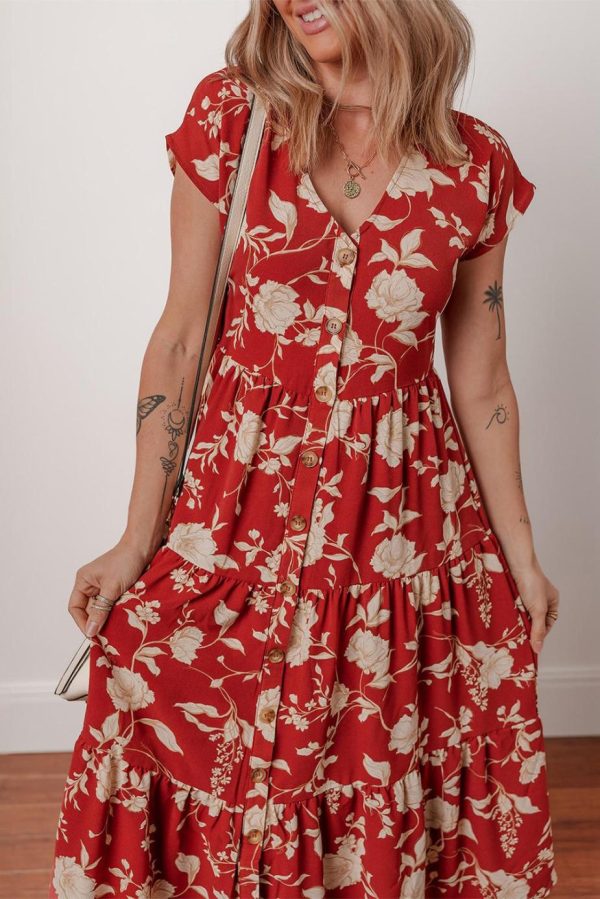 Midi Dresses | Women Red Floral Print Buttoned Front V Neck Tiered Midi Dress - Image 4