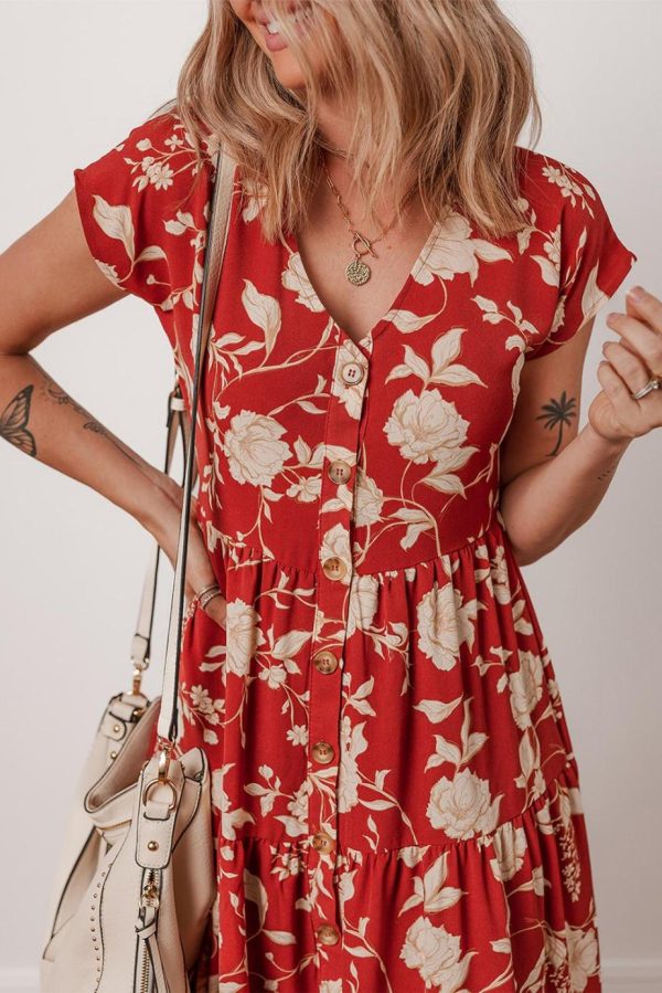 Midi Dresses | Women Red Floral Print Buttoned Front V Neck Tiered Midi Dress - Image 5