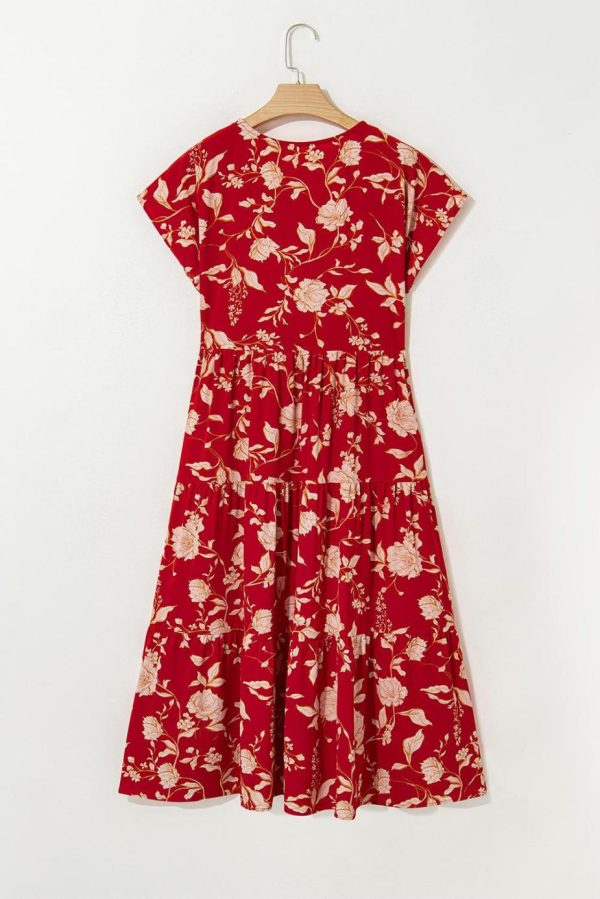 Midi Dresses | Women Red Floral Print Buttoned Front V Neck Tiered Midi Dress - Image 7