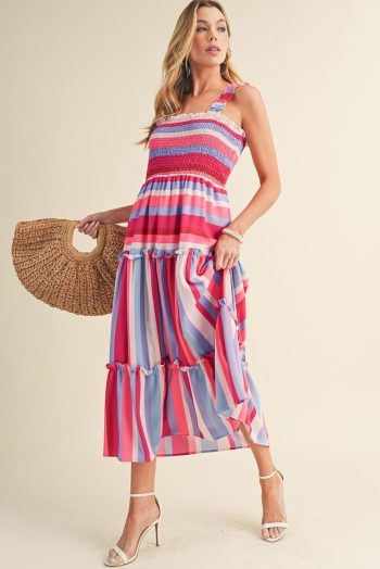 Midi Dresses | Women Red Stripe Ruffled Straps Smocked Tiered Midi Dress