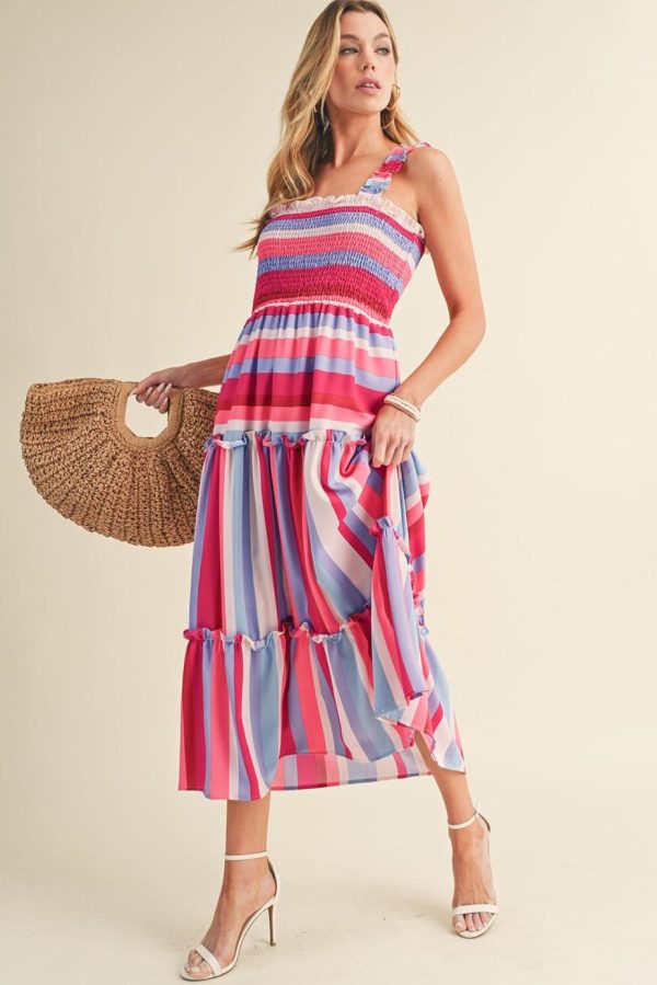 Midi Dresses | Women Red Stripe Ruffled Straps Smocked Tiered Midi Dress