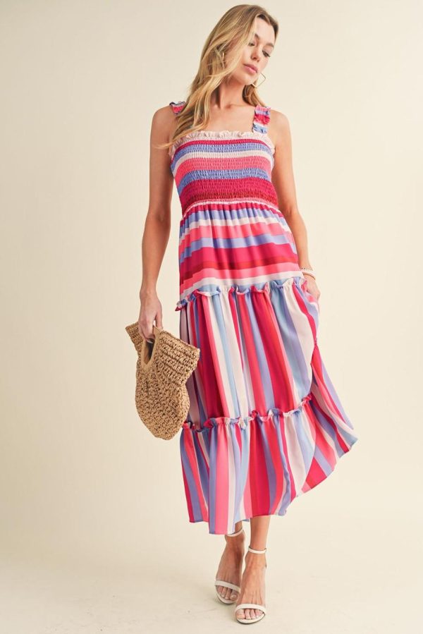 Midi Dresses | Women Red Stripe Ruffled Straps Smocked Tiered Midi Dress - Image 2