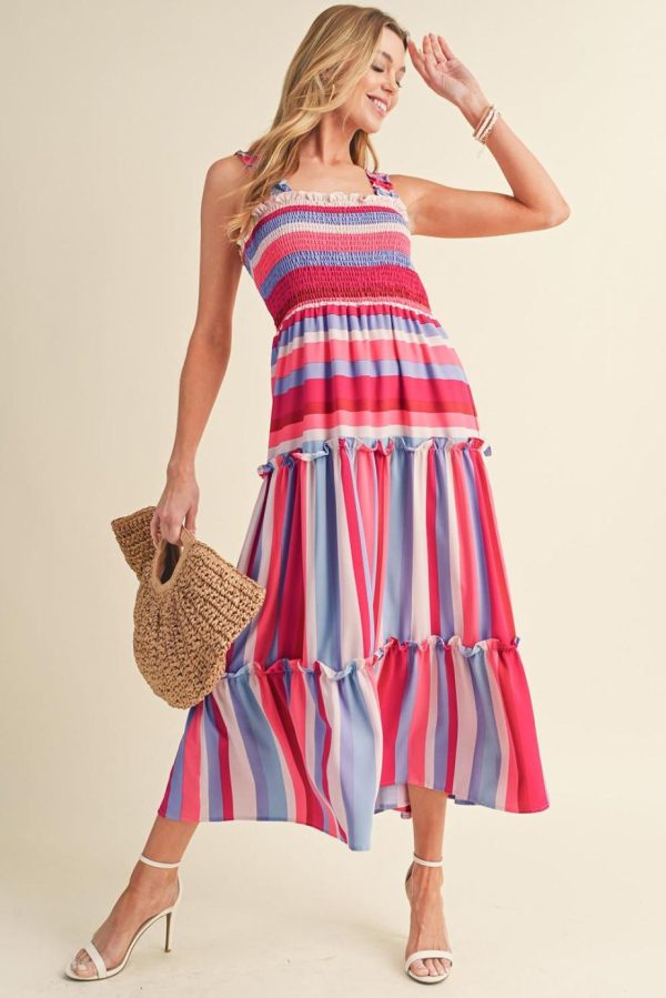 Midi Dresses | Women Red Stripe Ruffled Straps Smocked Tiered Midi Dress - Image 3