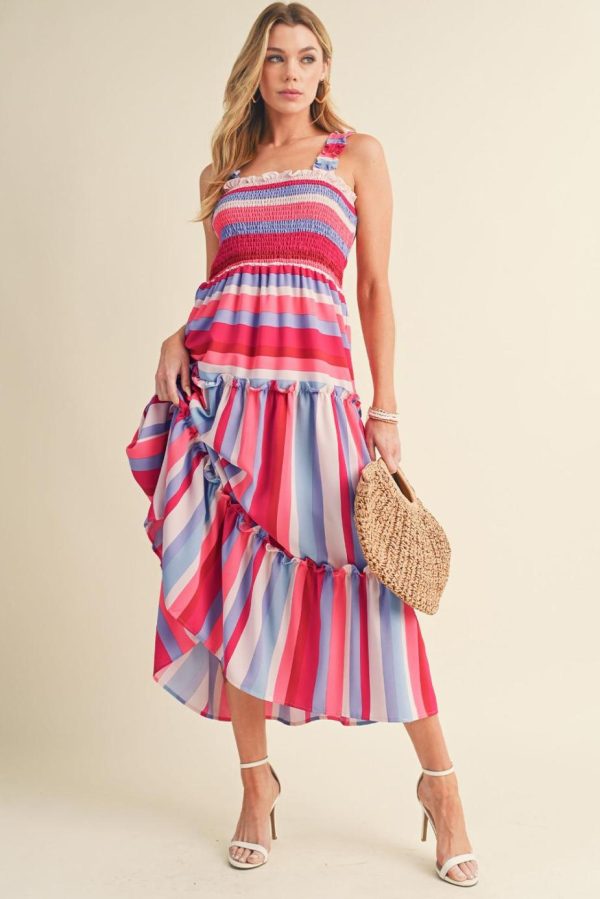 Midi Dresses | Women Red Stripe Ruffled Straps Smocked Tiered Midi Dress - Image 4