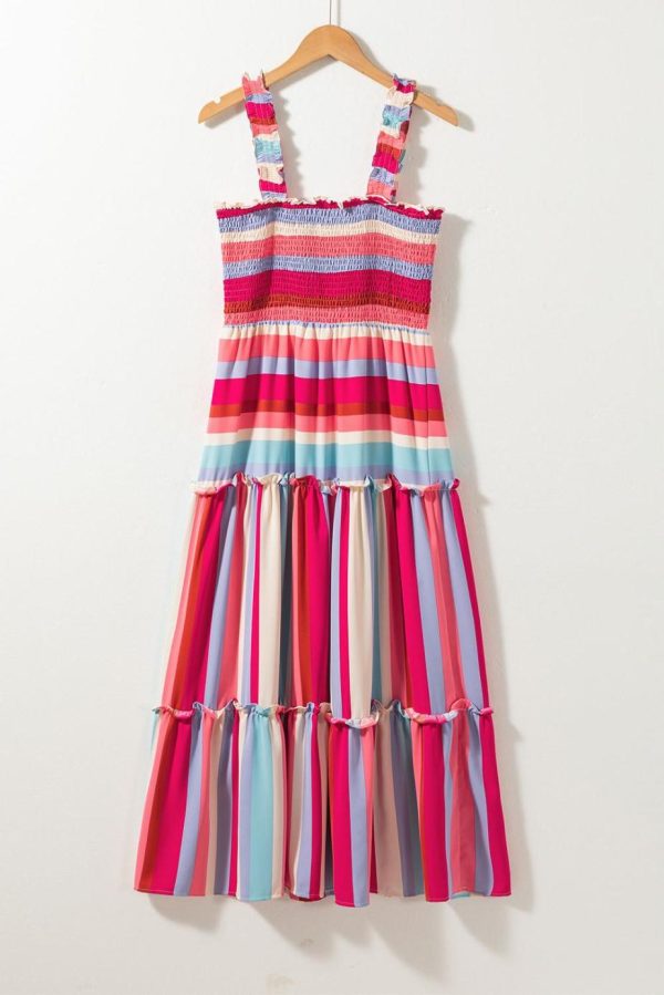 Midi Dresses | Women Red Stripe Ruffled Straps Smocked Tiered Midi Dress - Image 6