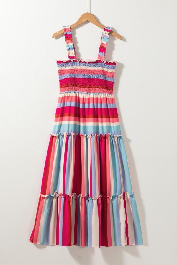 Midi Dresses | Women Red Stripe Ruffled Straps Smocked Tiered Midi Dress - Image 7