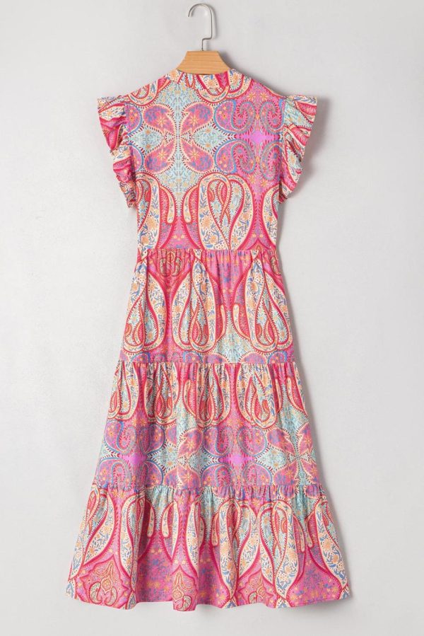 Midi Dresses | Women Rose Ethnic Paisley Print Ruffle Sleeve Notch Neck Midi Dress