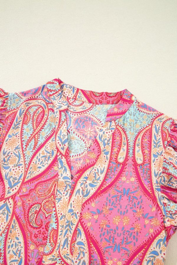 Midi Dresses | Women Rose Ethnic Paisley Print Ruffle Sleeve Notch Neck Midi Dress - Image 2