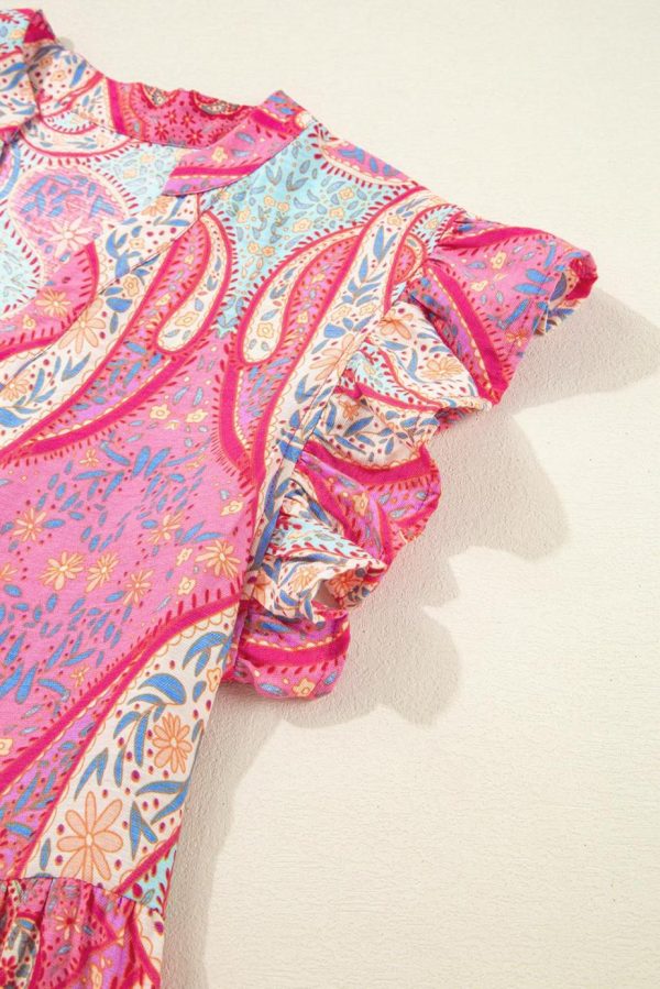 Midi Dresses | Women Rose Ethnic Paisley Print Ruffle Sleeve Notch Neck Midi Dress - Image 3