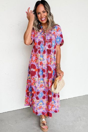 Midi Dresses | Women Rose Floral Print Tie Front High Waist Loose Midi Dress