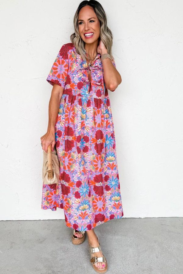 Midi Dresses | Women Rose Floral Print Tie Front High Waist Loose Midi Dress - Image 2