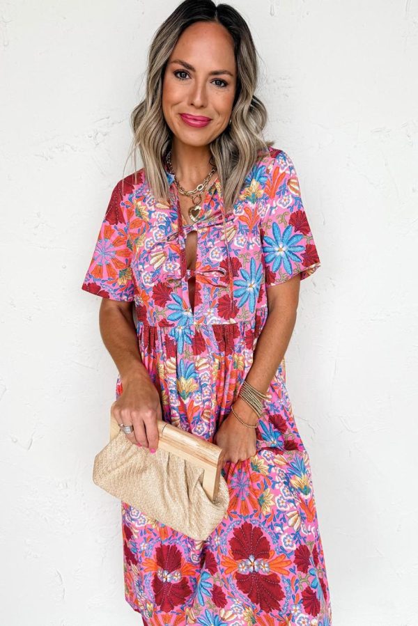 Midi Dresses | Women Rose Floral Print Tie Front High Waist Loose Midi Dress - Image 3