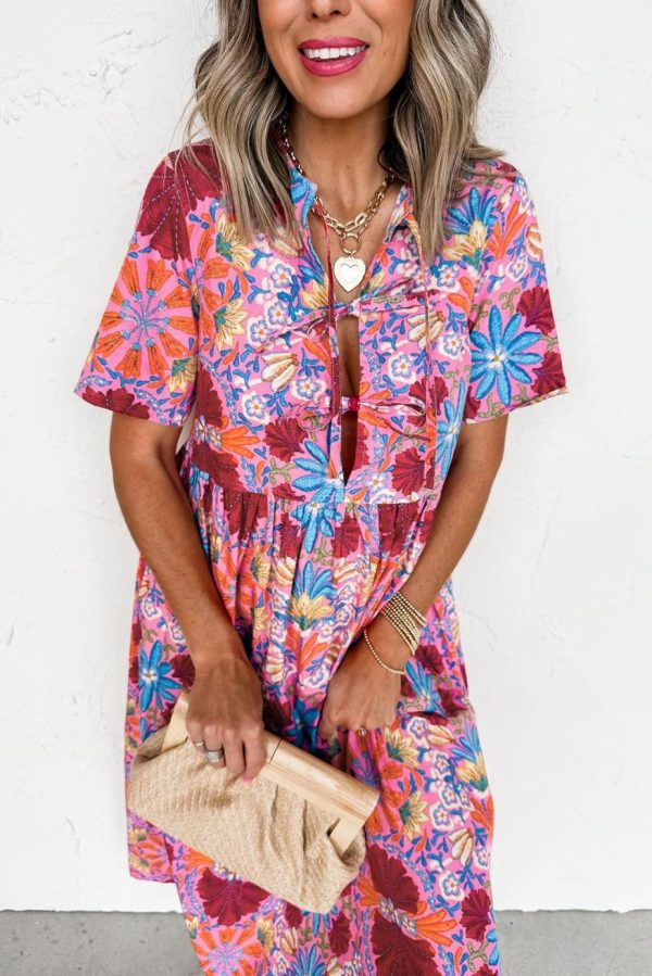 Midi Dresses | Women Rose Floral Print Tie Front High Waist Loose Midi Dress - Image 4