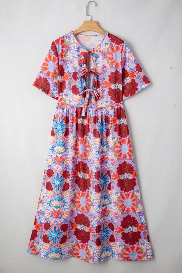 Midi Dresses | Women Rose Floral Print Tie Front High Waist Loose Midi Dress - Image 5