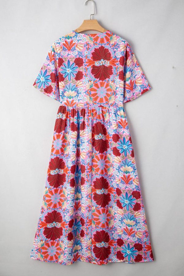 Midi Dresses | Women Rose Floral Print Tie Front High Waist Loose Midi Dress - Image 6