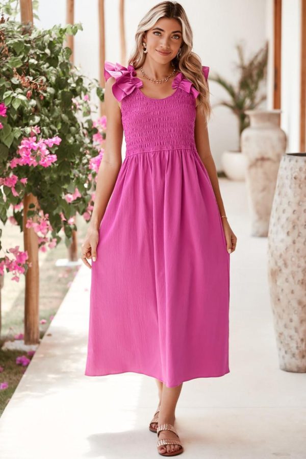 Midi Dresses | Women Rose Red Crinkled Ruffle Strap Smocked Midi Dress