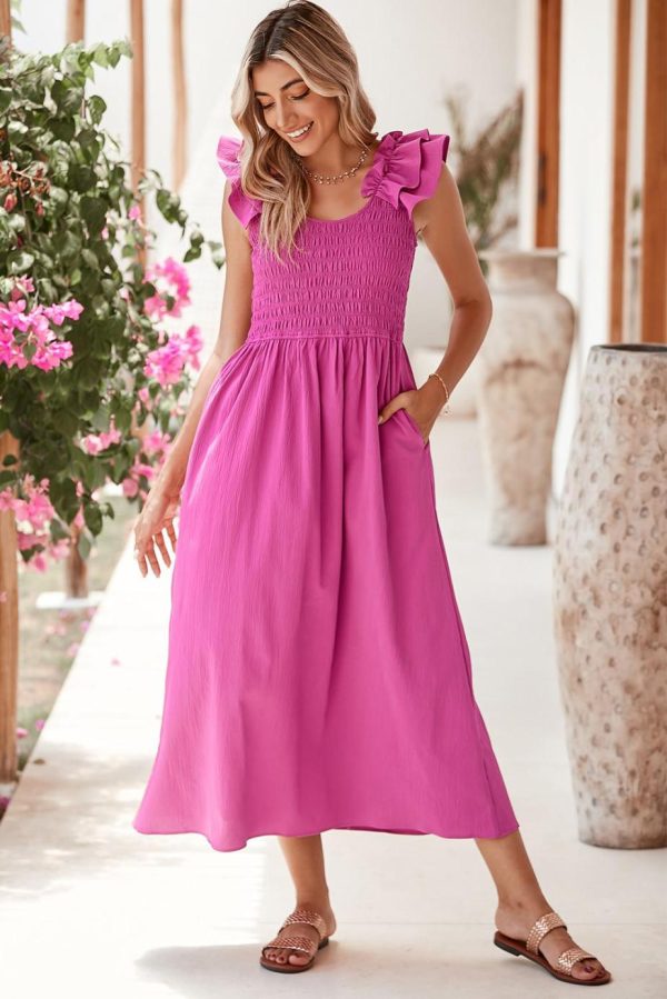 Midi Dresses | Women Rose Red Crinkled Ruffle Strap Smocked Midi Dress - Image 2