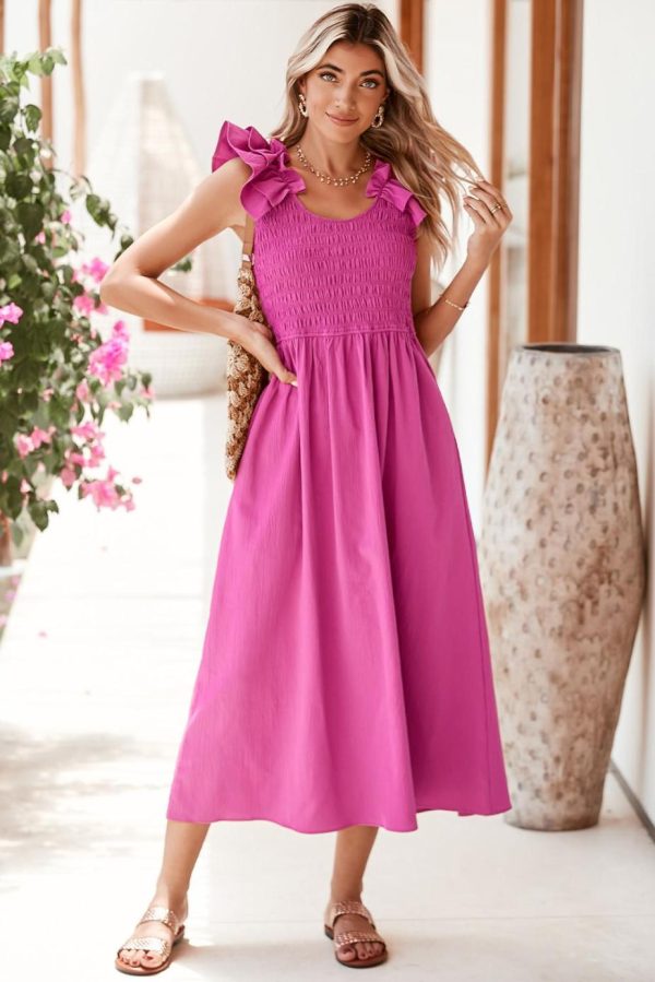 Midi Dresses | Women Rose Red Crinkled Ruffle Strap Smocked Midi Dress - Image 3