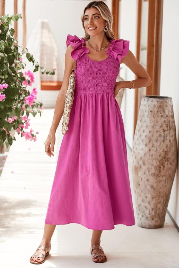 Midi Dresses | Women Rose Red Crinkled Ruffle Strap Smocked Midi Dress - Image 4