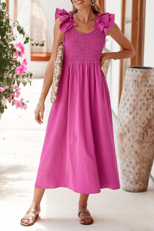 Midi Dresses | Women Rose Red Crinkled Ruffle Strap Smocked Midi Dress - Image 6