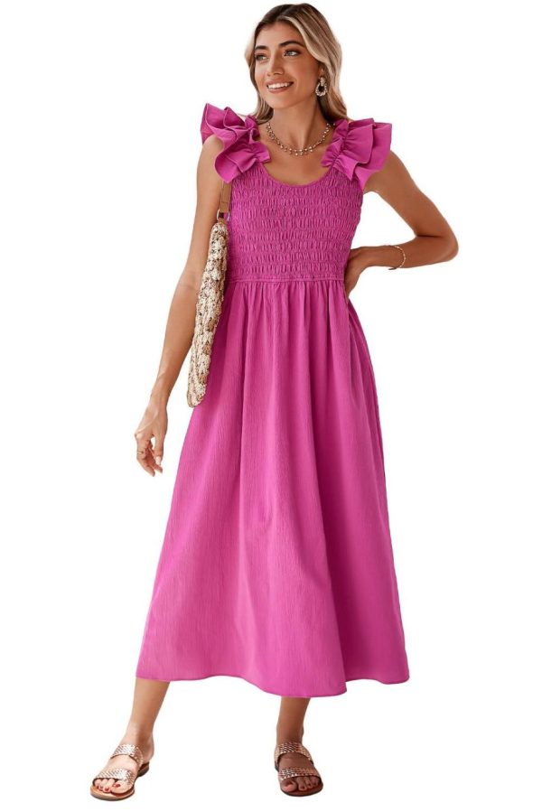 Midi Dresses | Women Rose Red Crinkled Ruffle Strap Smocked Midi Dress - Image 7