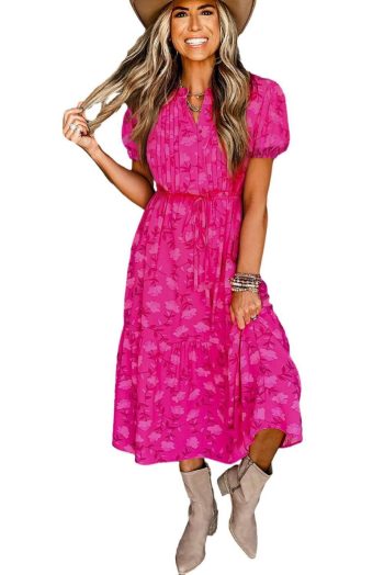 Midi Dresses | Women Rose Red Pleated Lace-Up High Waist Puff Sleeve Floral Midi Dress