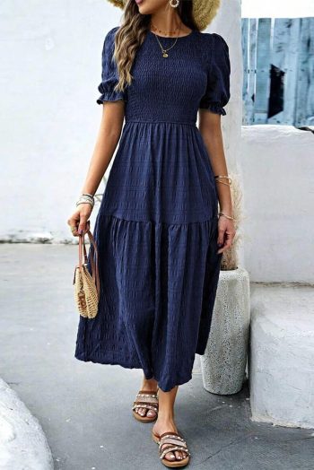 Midi Dresses | Women Sail Blue Solid Textured Smocked High Waist Midi Dress