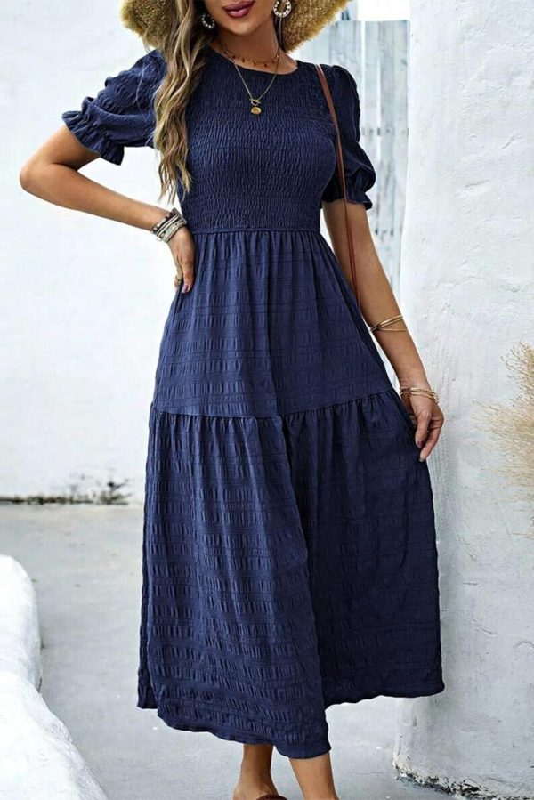Midi Dresses | Women Sail Blue Solid Textured Smocked High Waist Midi Dress - Image 2