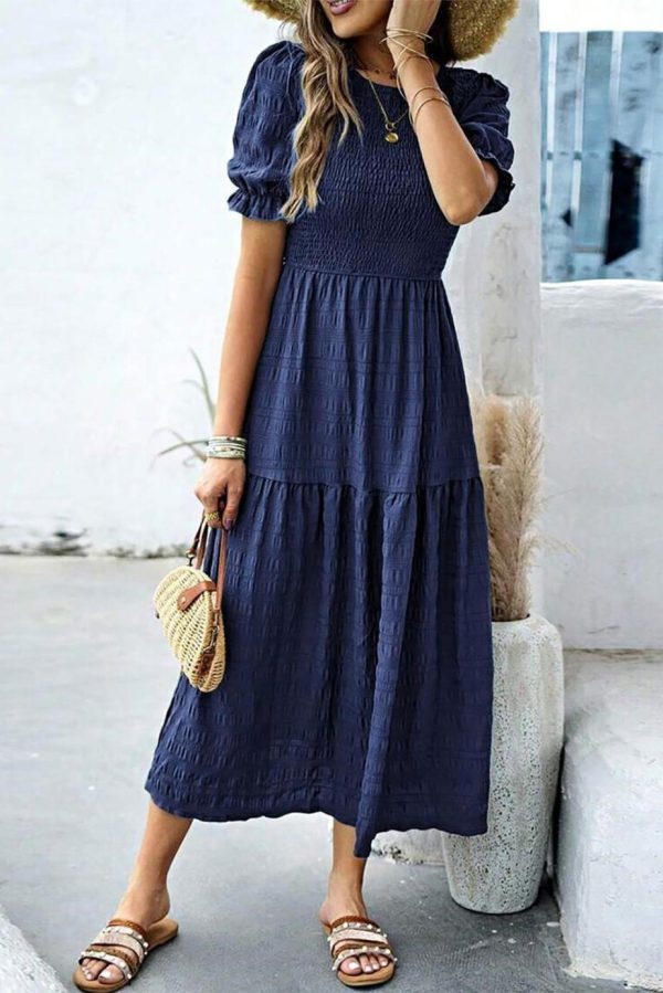 Midi Dresses | Women Sail Blue Solid Textured Smocked High Waist Midi Dress - Image 3