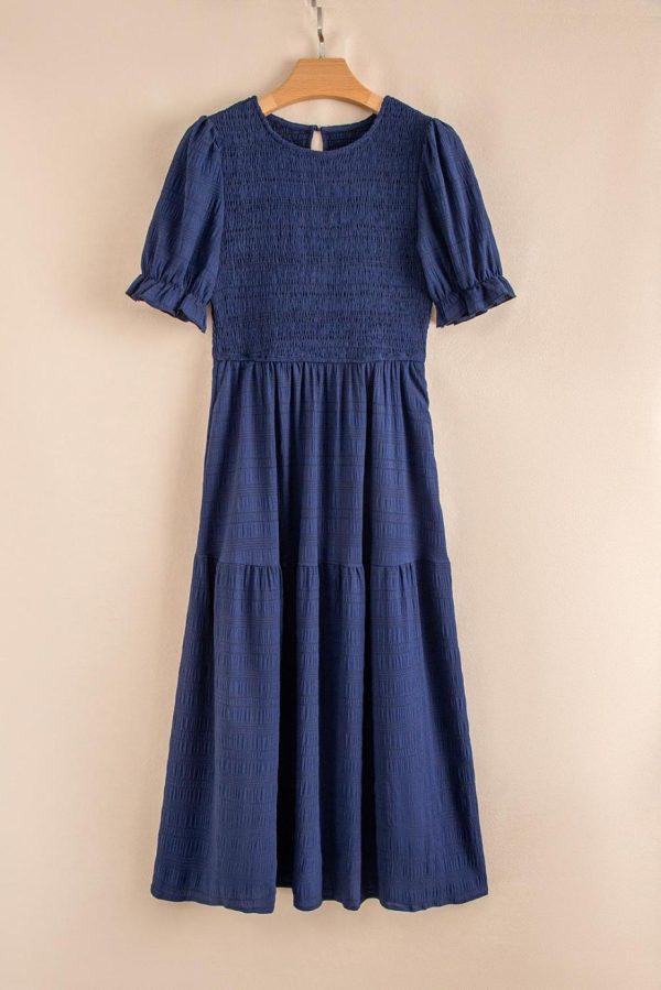 Midi Dresses | Women Sail Blue Solid Textured Smocked High Waist Midi Dress - Image 4
